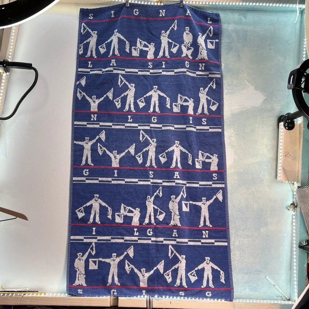 VTG Nautical SIGNAL Semaphore Sailor‎ Bath Towel Beach Summer Stock Signal Blue